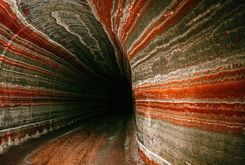 A tunnel in a potash mine. Potash contains potassium carbonate and potassium salts such as potassium chloride and potassium sulphate, which are converted to artificial fertilisers. Sergey Mikhalenko/Shutterstock.com